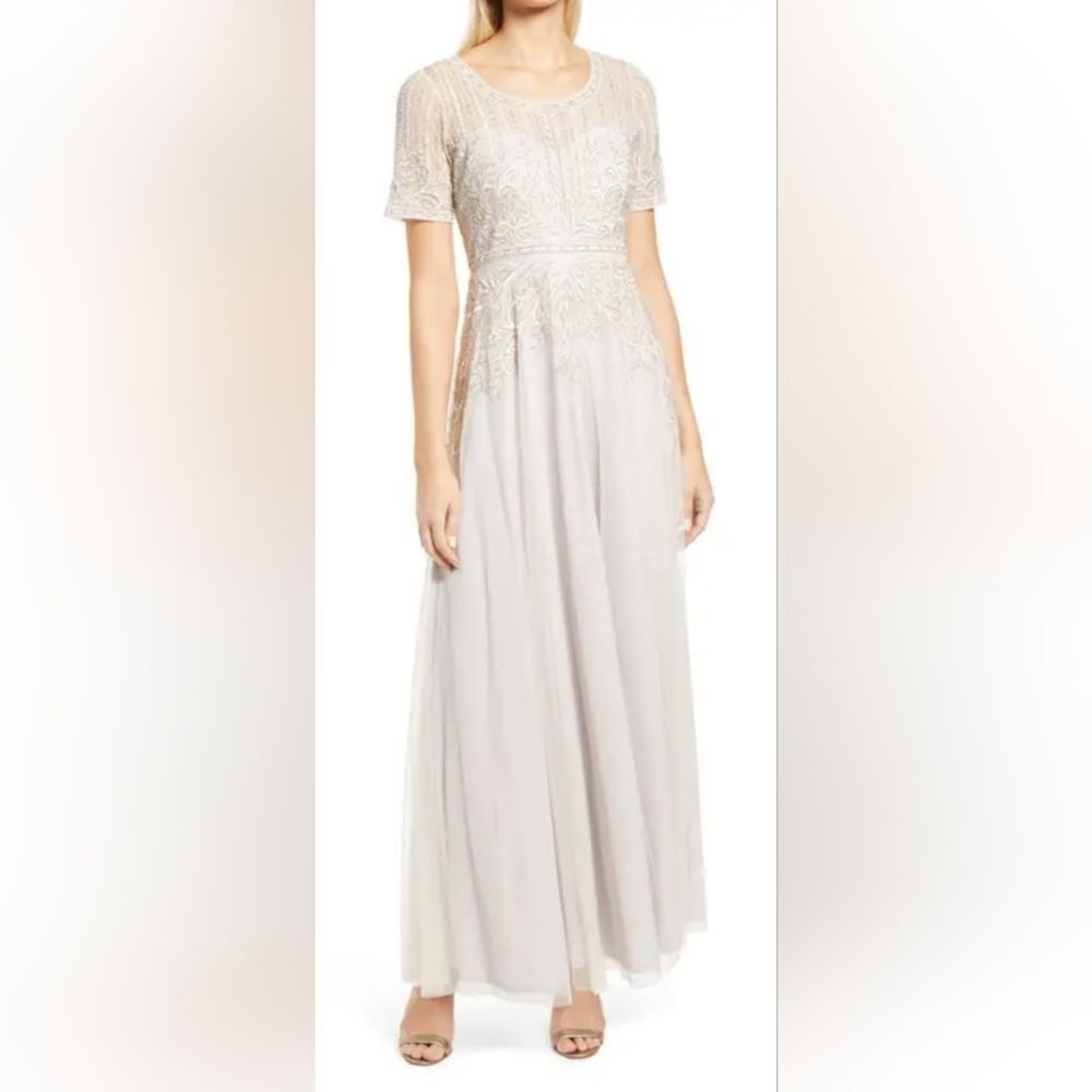 Pisarro Nights Embroidered Beaded Gown NWT size 10 Silver